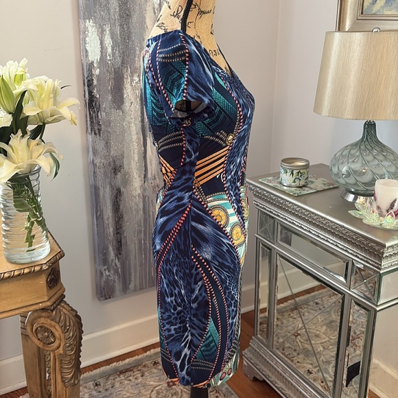 CACHE Designer sexy blue yellow green gold scarf animal print dress cruise XS 0 - Picture 4 of 9